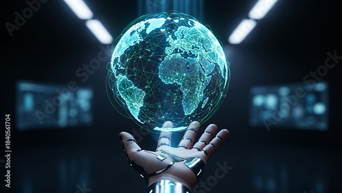 Futuristic holographic projection of the planet Earth held by a robotic hand, representing global connectivity and advanced technology