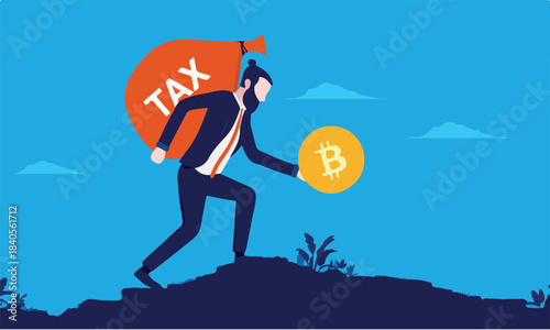 Bitcoin tax payment - Man walking with big bag of tax money while holding bitcoin in hand. Vector illustration.
