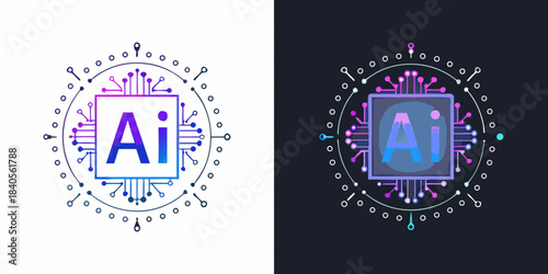 Artificial intelligence circuit board logo design with glowing neon effects