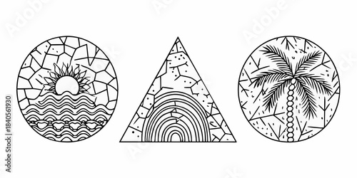 Three black and white geometric shapes featuring tropical and landscape scenes