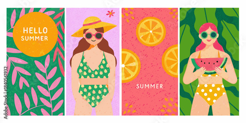 Stylized summer illustrations featuring women fruits and vibrant tropical foliage