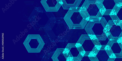 Abstract geometric background with a blue and cyan hexagonal grid pattern