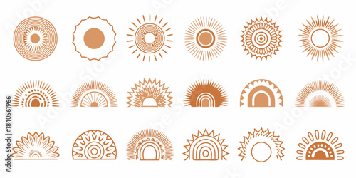 A collection of abstract orange sunburst and semicircle designs arranged in rows