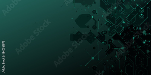 Abstract digital circuit board pattern with a dark teal and black gradient