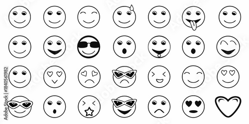 Collection of diverse black and white smiley face illustrations showing various emotions