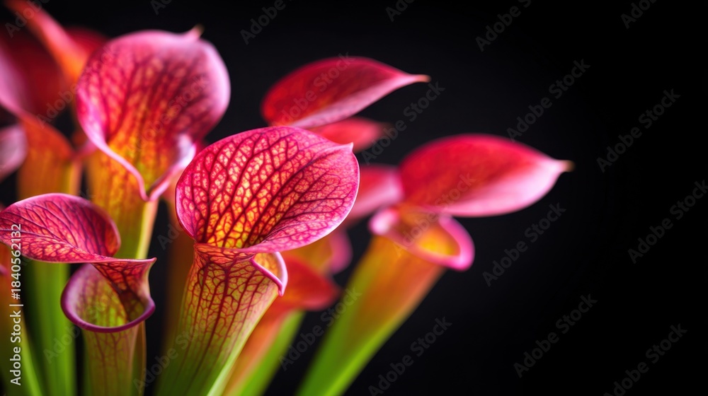 Fototapeta premium Vibrant pink pitcher plants with intricate veining against a dark background, showcasing natural beauty
