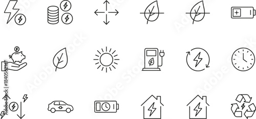 Eco energy conservation, renewable power, electric vehicle charging, sustainability efficiency, and green technology line icon set for modern environmental illustrations.