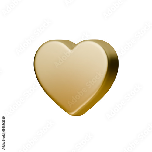 3D gold heart icon, shiny golden love symbol isolated on white background. Realistic metal heart vector render, cute social media like button and luxury valentine gift or wedding design element.
