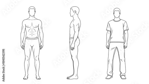 An auto cad drawing of a young man, model 19, in different anatomical poses.