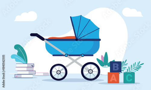 Blue baby carriage vector illustration - Pram standing in room with toys and books. Preparing for baby boy concept.