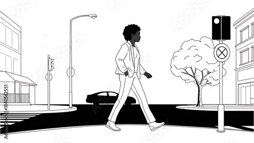 Stylized auto cad drawing of a woman walking down a city street at night.