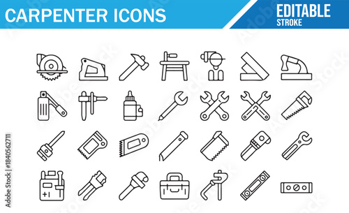 Woodworking and carpenter vector icon collection for construction and repair design