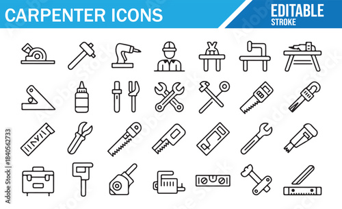 Carpenter tools icon set with woodworking and construction equipment in outline style