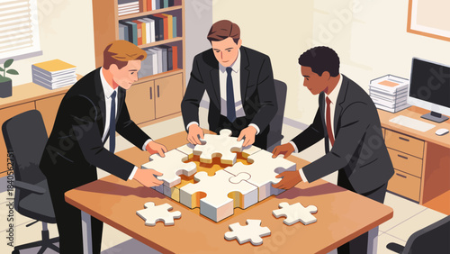 This isometric illustration shows business professionals assembling a large puzzle in an office, symbolizing teamwork, collaboration, and collective problem-solving to achieve corporate goals.