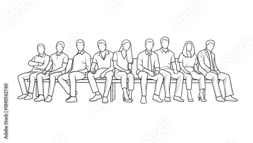 A minimalist auto cad drawing showing a group of people sitting and waiting.