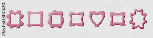 3D wavy frame border set, cute pink rectangle and circle shapes with retro squiggly edge. Trendy vector frame and border icons for photo, text or sticker design with fun, wiggly graphic style.