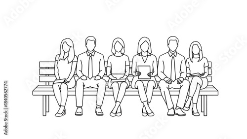 A line of candidates waiting for an interview, a clean auto cad drawing.