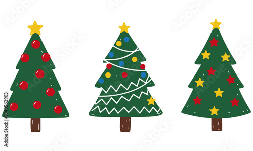Festive Cartoon Christmas Trees with Stars and Ornaments - Digital Holiday Clip Art Collection for Decoration, Celebration, and Design