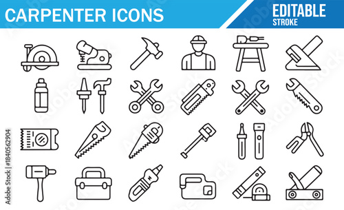 Carpenter and woodworking tools icon set with saw drill hammer ruler and construction equipment in modern outline vector style isolated on white background for building and repair design