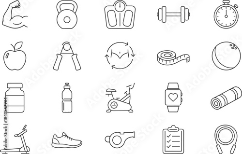 Fitness and wellness line icon collection featuring gym equipment, exercise tools, nutrition elements, training accessories, health tracking, weight loss, and active lifestyle symbols.