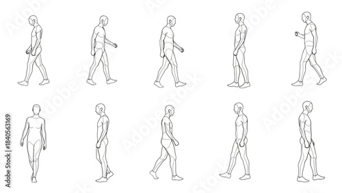 Profile view auto cad drawing of figures in a walking motion sequence.