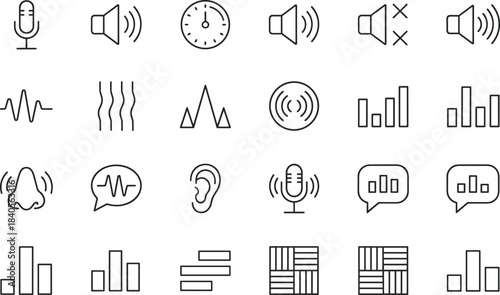 Minimal audio sound wave and voice communication icon set featuring microphones, ears, speakers, frequencies, charts, vibration signals, and communication symbols.