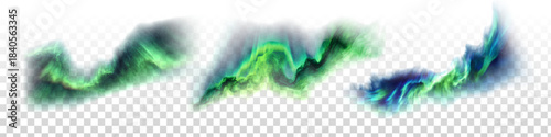 Vector set of Northern Lights or Aurora Borealis effect isolated on transparent background.