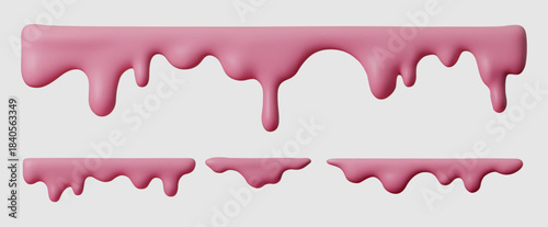 Pink 3D dripping paint borders, glossy strawberry cream or jam texture. Vector liquid drops isolated on clean background, flowing milky splashes for sweet, dairy or cosmetic design frames.
