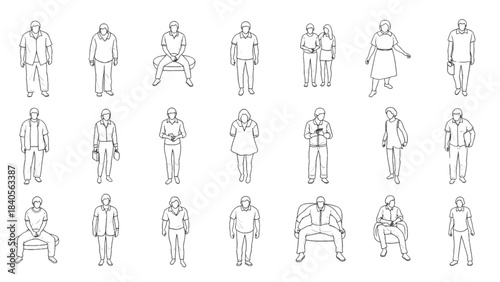 A diverse auto cad drawing collection of 2D people for architectural plans and sections.
