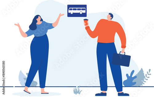 Bus waiting - Man and woman talking and chit chatting at bus stop early morning. Flat design cartoon vector illustration with white background.