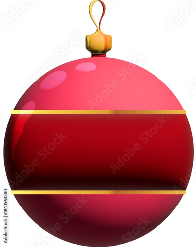 A shiny red and pink spherical Christmas ornament with golden trim and reflective highlights hangs from a small metallic hook.
