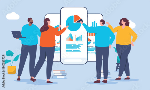Business analytics - Businesspeople looking at charts, graphs and diagram analysing and discussing statistics and data. Flat design vector illustration
