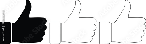 Group of three thumbs up approval like buttons icons in black solid white solid and outline variations for feedback