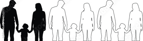 Group of three family silhouettes father mother and child icons in black solid white solid and outline versions for parental care