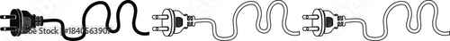 Set of three electrical power plug and cord icons in solid black white fill and outline variations for energy connection