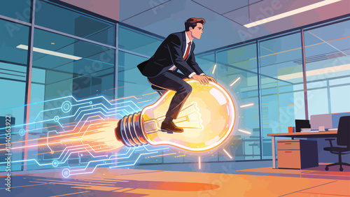 This illustration shows a business professional riding a large glowing lightbulb in an office, symbolizing innovation, creative ideas, and the drive to turn insights into progress in a corporation