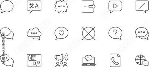 Minimal communication and messaging icons featuring chat bubbles, translation, video, alerts, questions, social interaction, online communication, and global conversation symbols