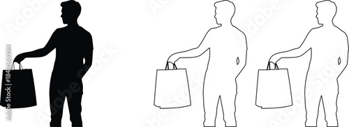 Silhouettes and outlines of man holding shopping bags in black white and outline versions for retail consumerism and purchase representation