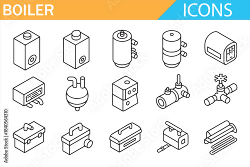 Boiler and heating system icon set with pipes valves and radiators in outline style