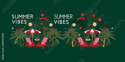 A tropical summer scene with palm trees beach chairs and summer vibes text