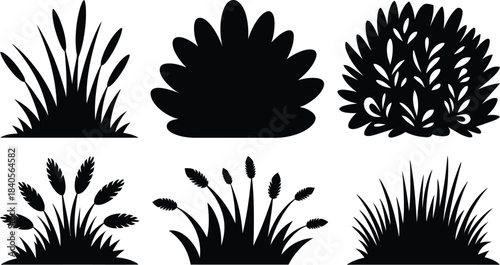 Plant Vector Set, Grass, Bushes, and Reeds Silhouette Collection