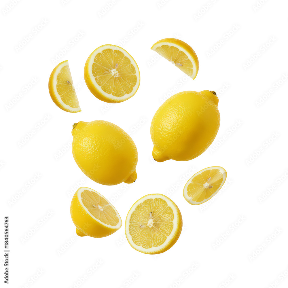 Obraz premium vibrant citrus explosion dynamic arrangement of lemons and slices on a void surface isolated
