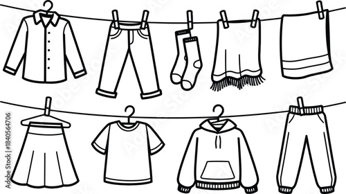 Hand drawn laundry hanging on clothesline coloring page vector illustration