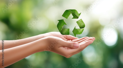 Recycling symbol held above open hands expressing waste segregation message in natural blurred environment supporting ecological themes through clean minimal sustainable visual concept