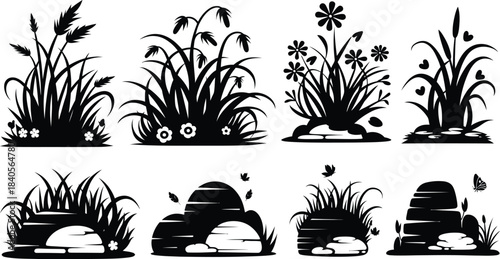 Black grass, wildflower, and stone silhouettes vector set