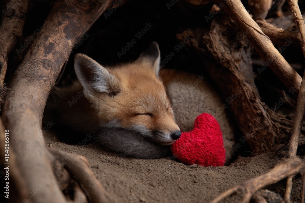 Naklejka premium Sleeping fox kit cuddling red heart in cozy woodland den