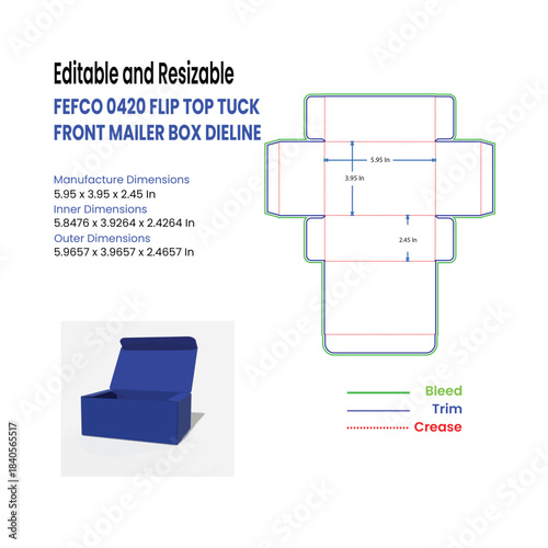 FEFCO 0420 Flip Top Mailer Box Dieline and 3D Model with Dimensions packaging template