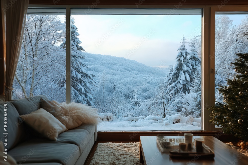 Obraz premium Cozy cabin interior with scenic winter forest view through large window