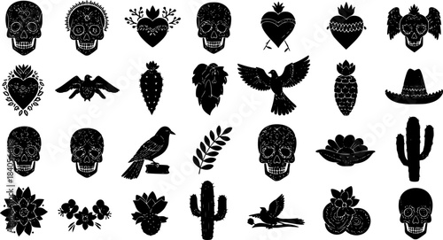 Collection of Mexican, Latin, South America elements, black silhouettes icons, hand drawn illustrations with Mexican skulls, sacred hearts, birds,flowers, cactus and more icons