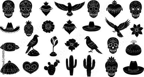 Collection of Mexican, Latin, South America elements, black silhouettes icons, hand drawn illustrations with Mexican skulls, sacred hearts, birds,flowers, cactus and more icons